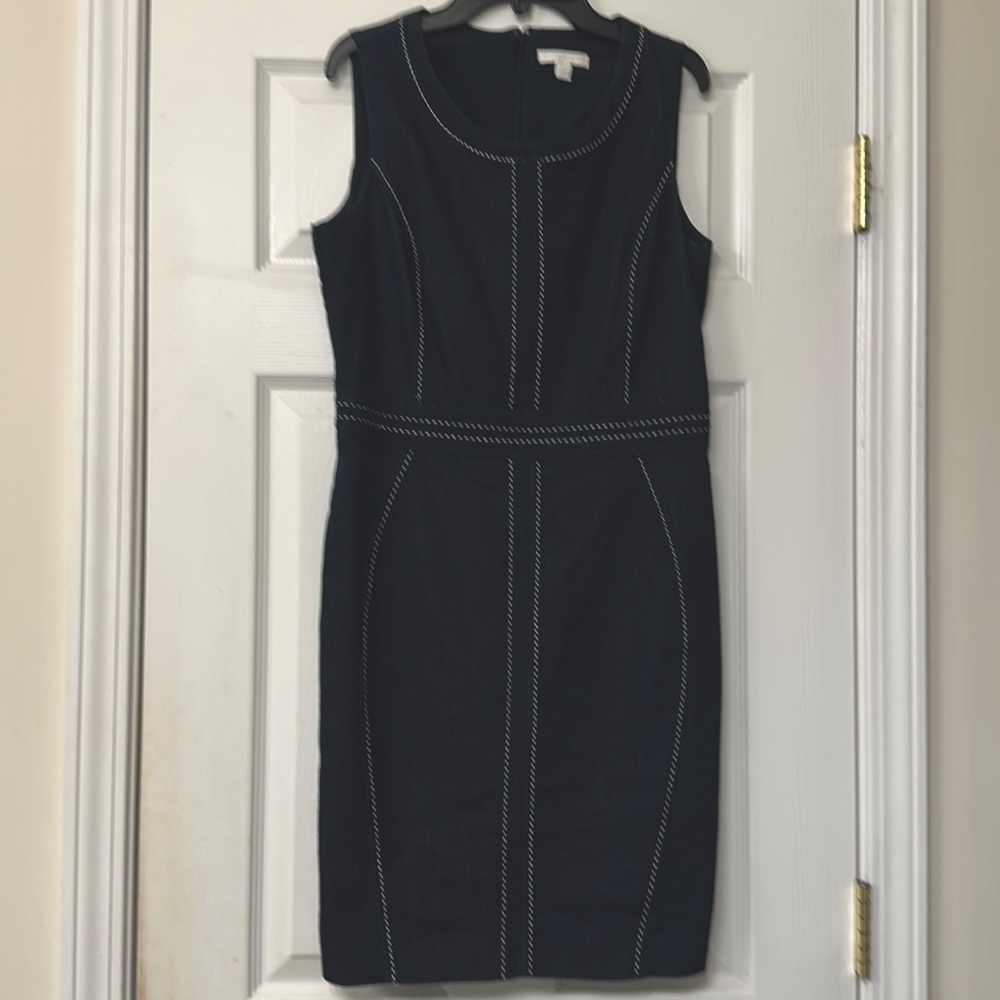 New York & Company Lined Faux Denim Dress with White Stitching Detail